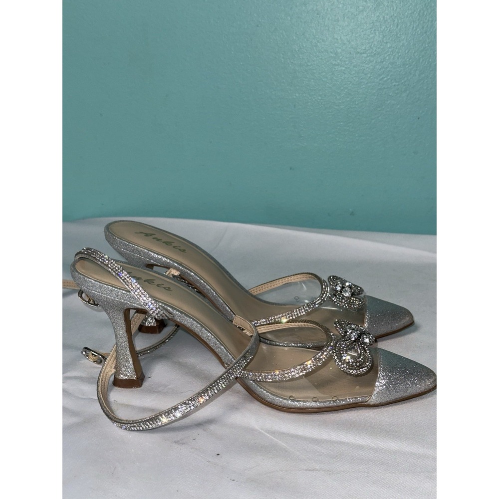 Ankis Women's US Size 8.5 Sling Back Comfy  Toe Heels Shoes Silver S-621‎